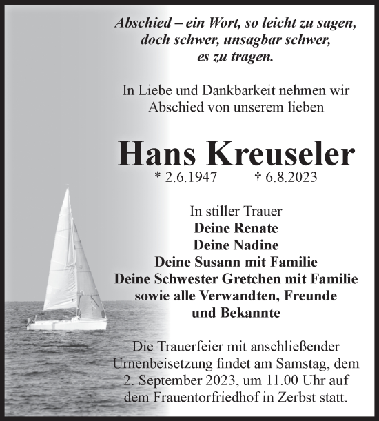 Traueranzeige von Hans Kreuseler von Volksstimme Zerbst