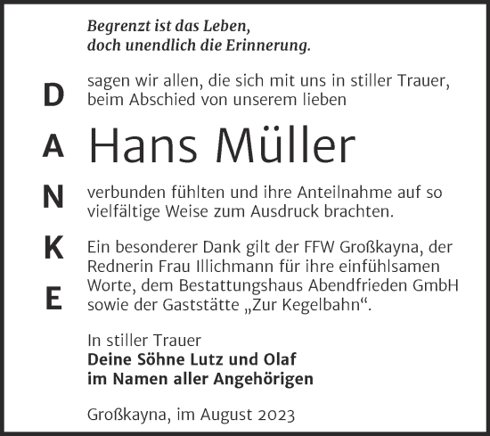 Traueranzeige von Hans Müller von Trauerkombi Merseburg