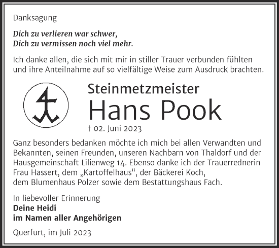 Traueranzeige von Hans Pook von Trauerkombi Merseburg