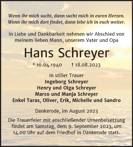 Traueranzeige von Hans Schreyer von Trauerkombi Quedlinburg