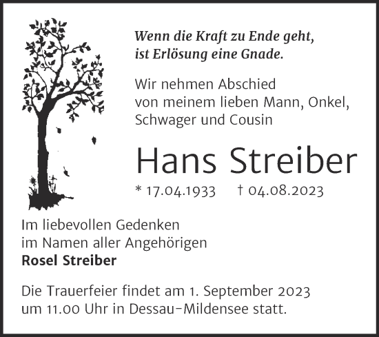 Traueranzeige von Hans Streiber von Trauerkombi Dessau