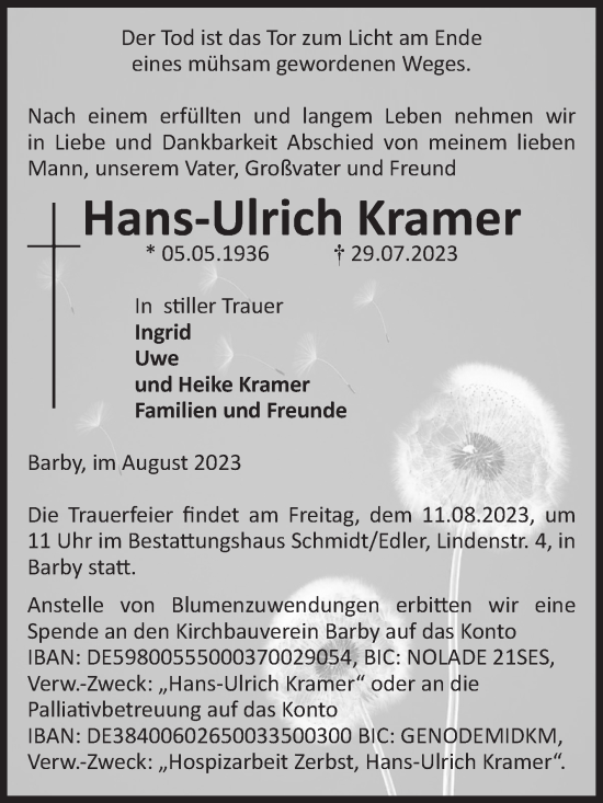 Traueranzeige von Hans-Ulrich Kramer von Volksstimme Schönebeck