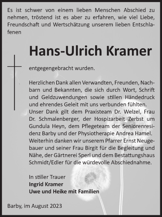 Traueranzeige von Hans-Ulrich Kramer von Volksstimme Schönebeck