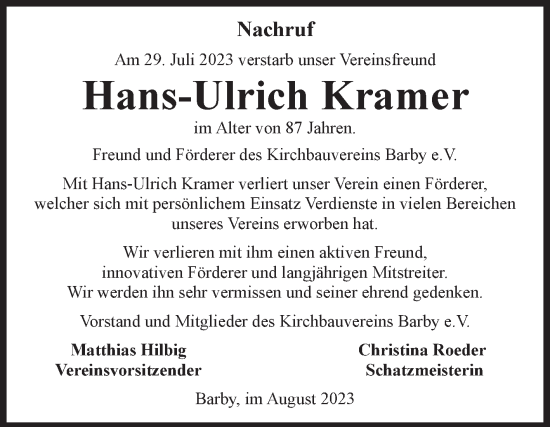 Traueranzeige von Hans-Ulrich Kramer von Volksstimme Schönebeck