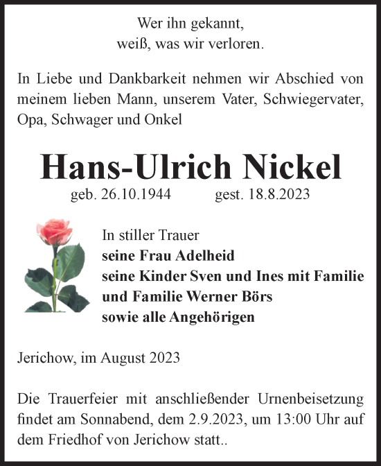 Traueranzeige von Hans-Ulrich Nickel von Volksstimme Burg/Genthin