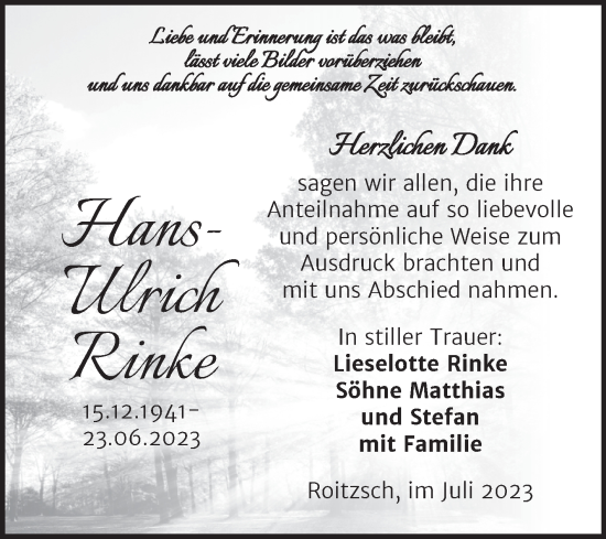 Traueranzeige von Hans-Ulrich Rinke von Trauerkombi Bitterfeld