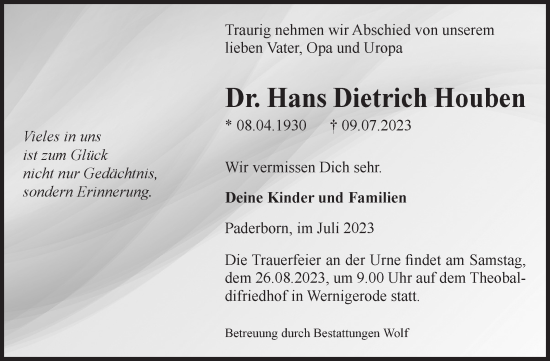 Traueranzeige von Hans Dietrich Houben von Volksstimme Wernigerode