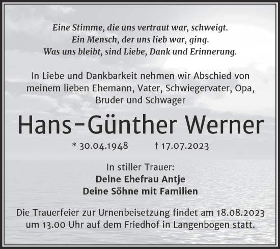 Traueranzeige von Hans Günther Werner von Mitteldeutsche Zeitung Halle/Saalkreis