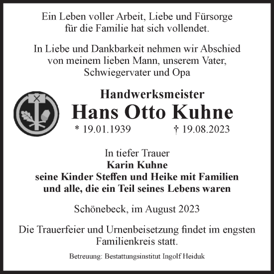 Traueranzeige von Hans Otto Kuhne von Volksstimme Schönebeck