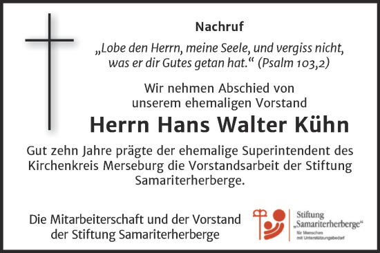 Traueranzeige von Hans Walter Kühn von Super Sonntag Merseburg/Querfurt