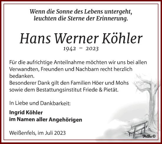 Traueranzeige von Hans Werner Köhler von Trauerkombi Weißenfels