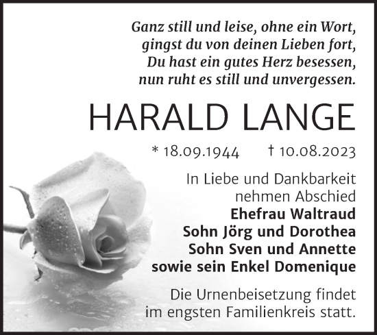 Traueranzeige von Harald Lange von Trauerkombi Bernburg