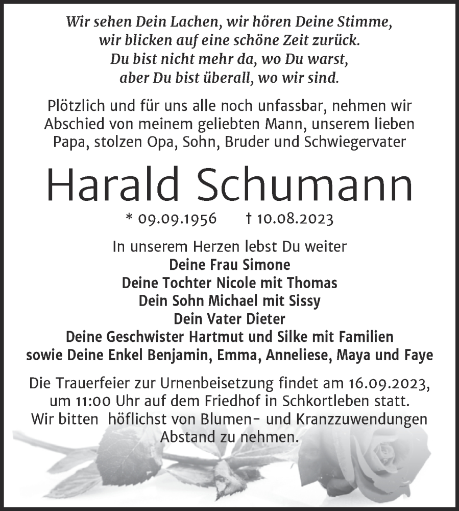  Traueranzeige für Harald Schumann vom 19.08.2023 aus Trauerkombi Weißenfels