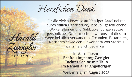 Traueranzeige von Harald Zweigler von Mitteldeutsche Zeitung Weißenfels