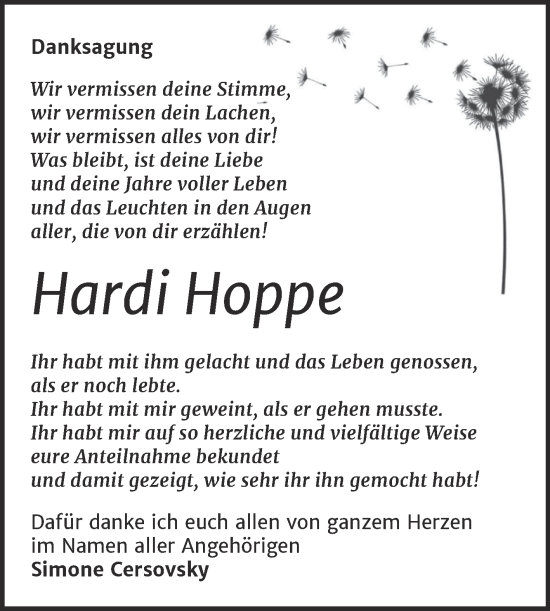 Traueranzeige von Hardi Hoppe von Trauerkombi Sangerhausen