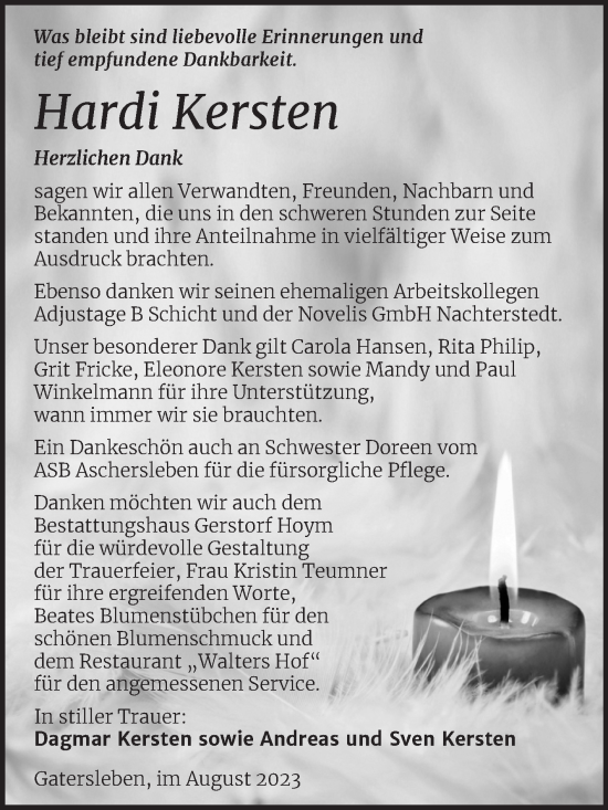 Traueranzeige von Hardi Kersten von Trauerkombi Aschersleben