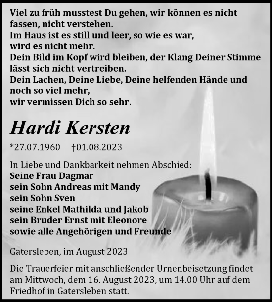 Traueranzeige von Hardi Kersten von Trauerkombi Aschersleben