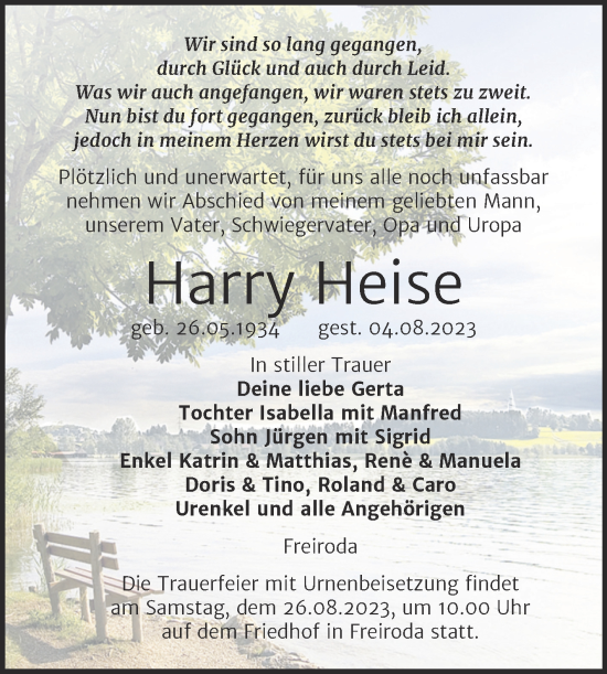 Traueranzeige von Harry Heise von Wochenspiegel Naumburg/Nebra