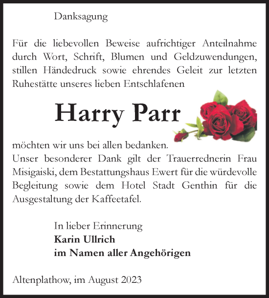 Traueranzeige von Harry Parr von Volksstimme Burg/Genthin