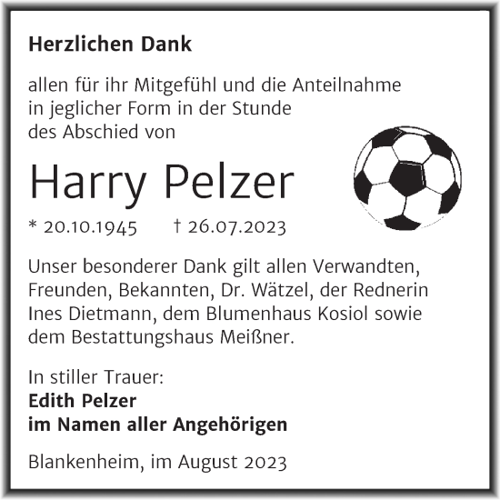 Traueranzeige von Harry Pelzer von Trauerkombi Sangerhausen