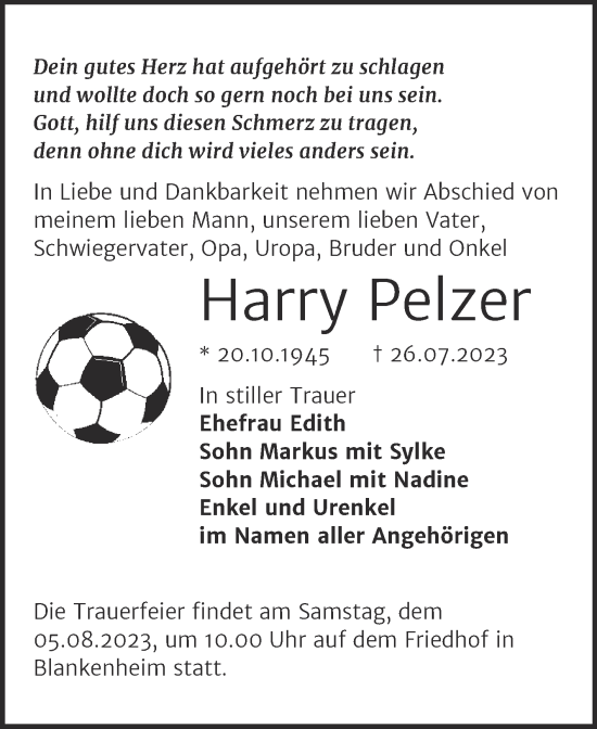 Traueranzeige von Harry Pelzer von Mitteldeutsche Zeitung Sangerhausen