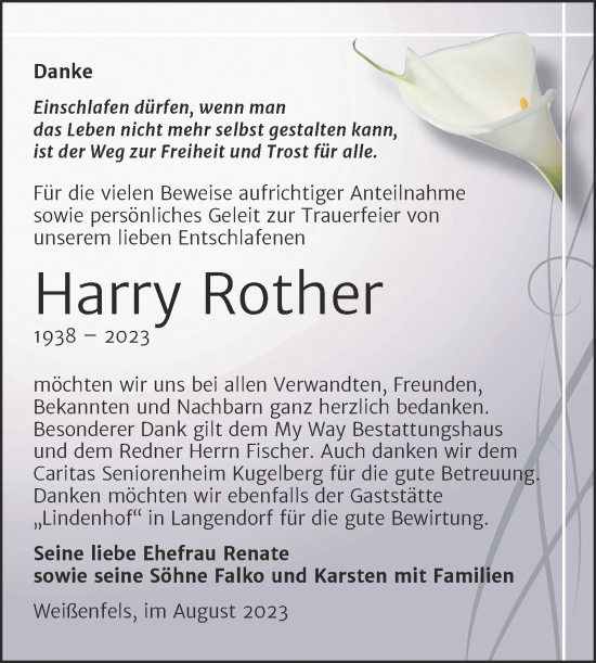 Traueranzeige von Harry Rother von Trauerkombi Weißenfels