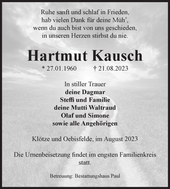 Traueranzeige von Hartmut Kausch von Volksstimme Altmark West