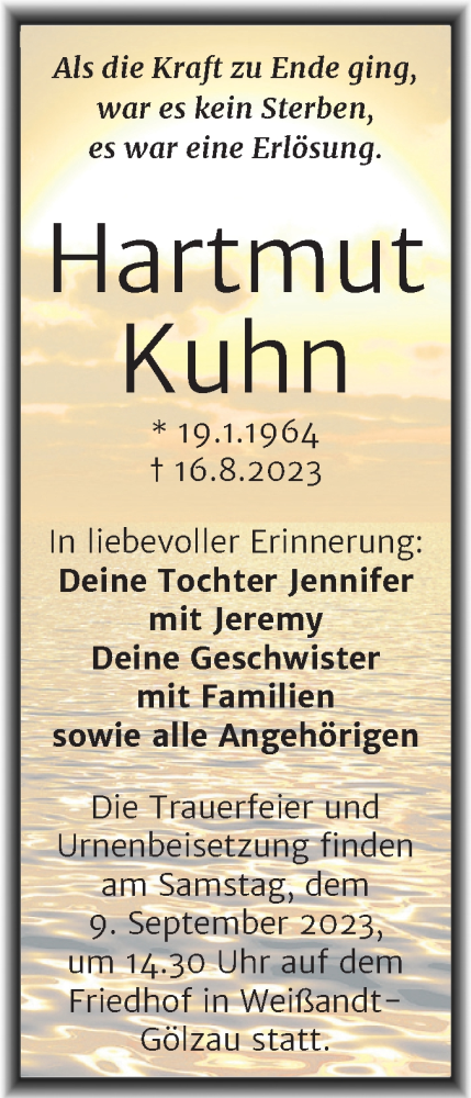 Traueranzeige von Hartmut Kuhn von Trauerkombi Köthen