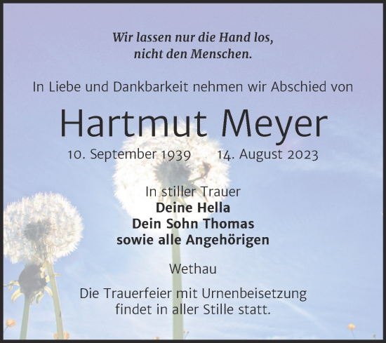 Traueranzeige von Hartmut Meyer von Naumburger Tageblatt