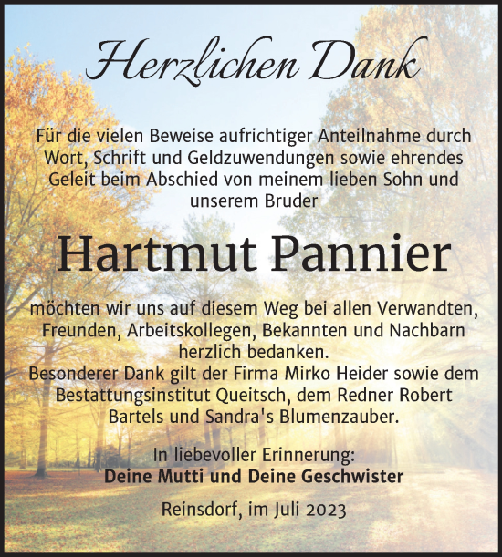 Traueranzeige von Hartmut Pannier von Trauerkombi Köthen