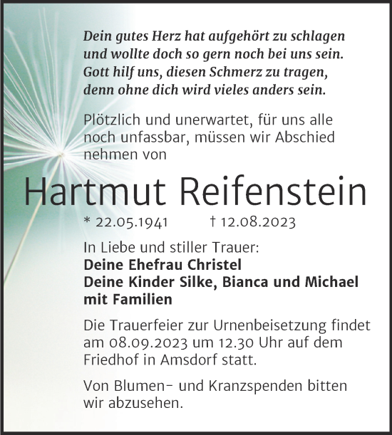 Traueranzeige von Hartmut Reifenstein von Trauerkombi Mansfelder Land