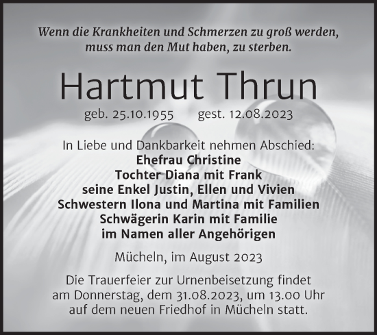 Traueranzeige von Hartmut Thrun von Trauerkombi Merseburg