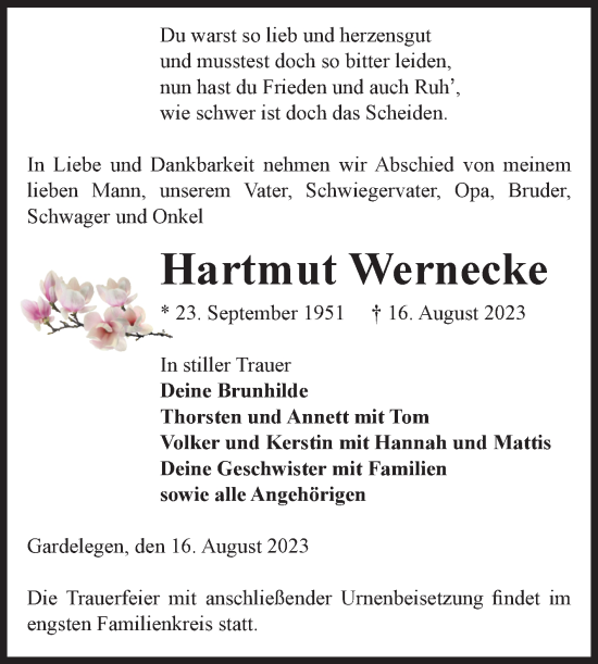 Traueranzeige von Hartmut Wernecke von Volksstimme Altmark West