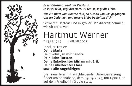Traueranzeige von Hartmut Werner von Trauerkombi Wittenberg