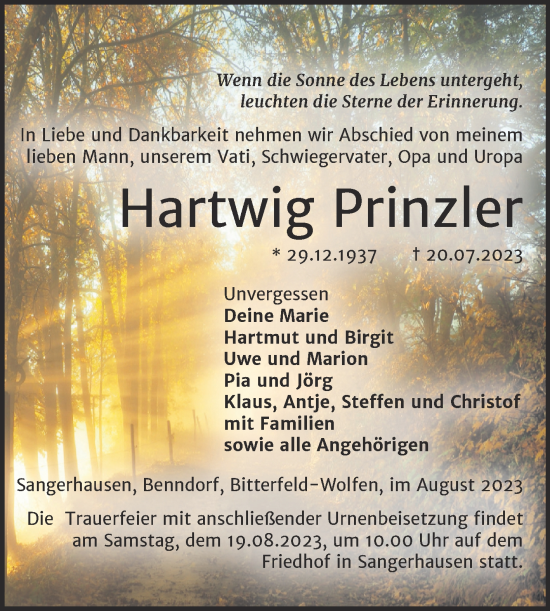 Traueranzeige von Hartwig Prinzler von Trauerkombi Sangerhausen