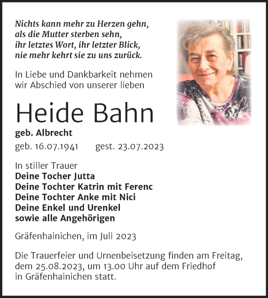 Traueranzeige von Heide Bahn von Trauerkombi Wittenberg