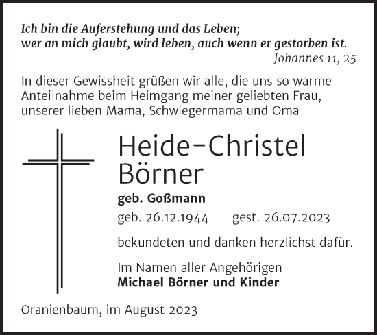 Traueranzeige von Heide-Christel Börner von Trauerkombi Wittenberg