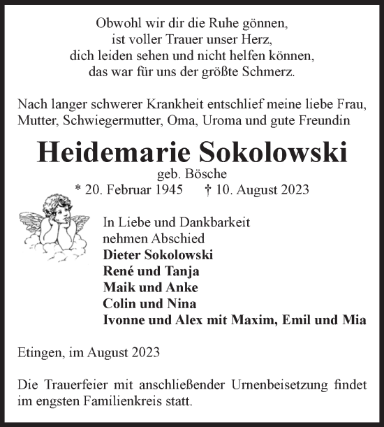 Traueranzeige von Heidemarie Sokolowski von Volksstimme Haldensleben/Wolmirstedt
