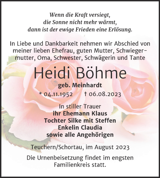 Traueranzeige von Heidi Böhme von Trauerkombi Weißenfels
