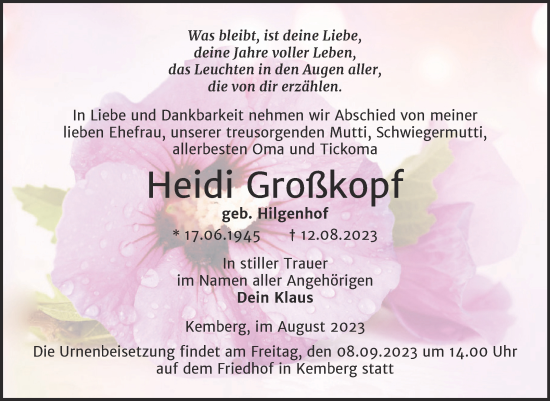 Traueranzeige von Heidi Großkopf von Trauerkombi Wittenberg