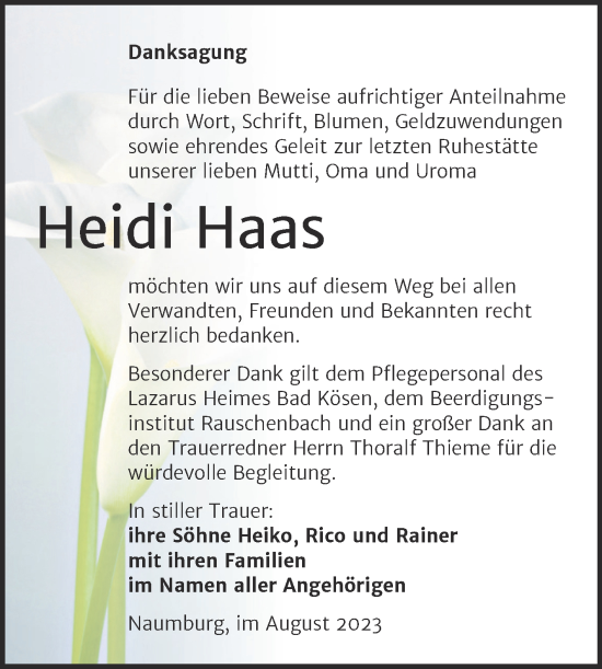 Traueranzeige von Heidi Haas von Wochenspiegel Naumburg/Nebra