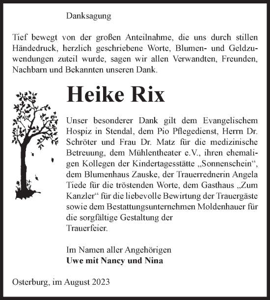 Traueranzeige von Heike Rix von Volksstimme Altmark Ost