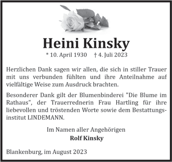 Traueranzeige von Heini Kinsky von Volksstimme Halberstadt