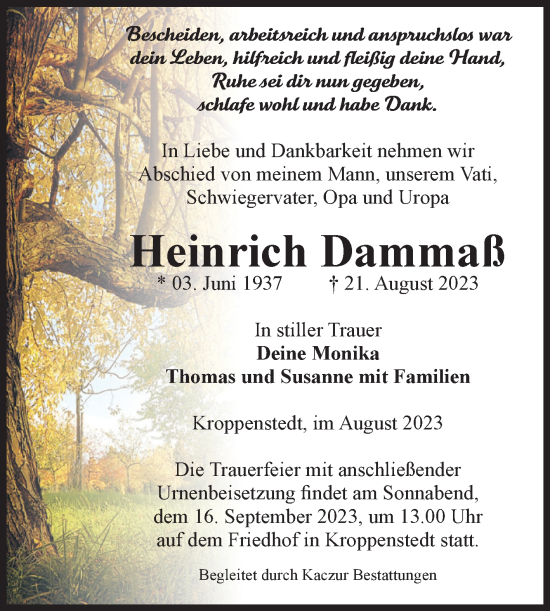 Traueranzeige von Heinrich Dammaß von Volksstimme Oschersleben/Wanzleben