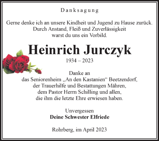 Traueranzeige von Heinrich Jurczyk von Volksstimme Altmark West