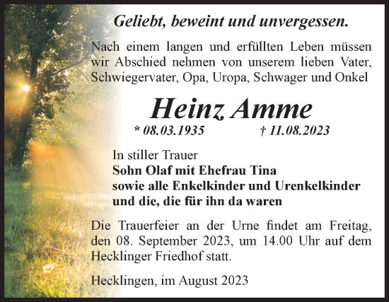 Traueranzeige von Heinz Amme von Volksstimme Staßfurt
