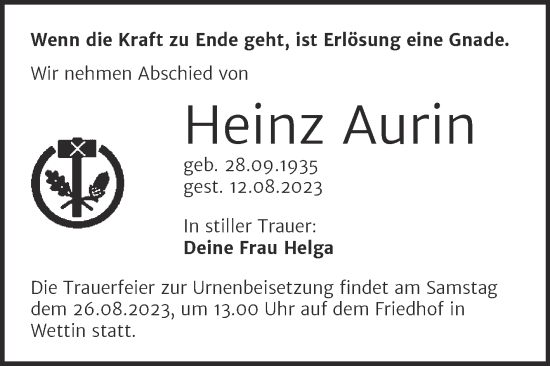 Traueranzeige von Heinz Aurin von Mitteldeutsche Zeitung Halle/Saalkreis