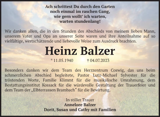 Traueranzeige von Heinz Balzer von Volksstimme Zerbst