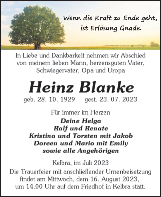 Traueranzeige von Heinz Blanke von Trauerkombi Sangerhausen