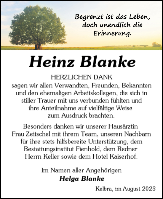 Traueranzeige von Heinz Blanke von Trauerkombi Sangerhausen